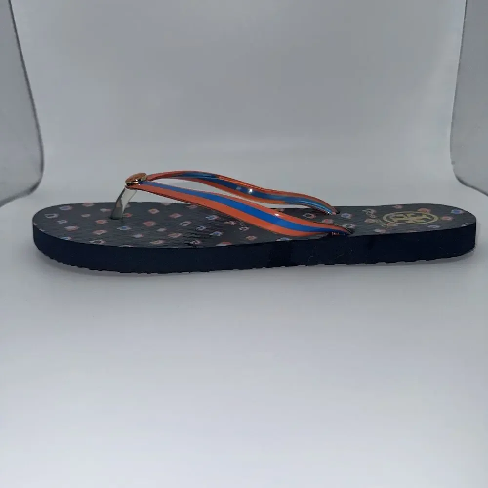 Tory Burch Navy Orange Blue Printed Logo Flip Flops Women’s Sandals